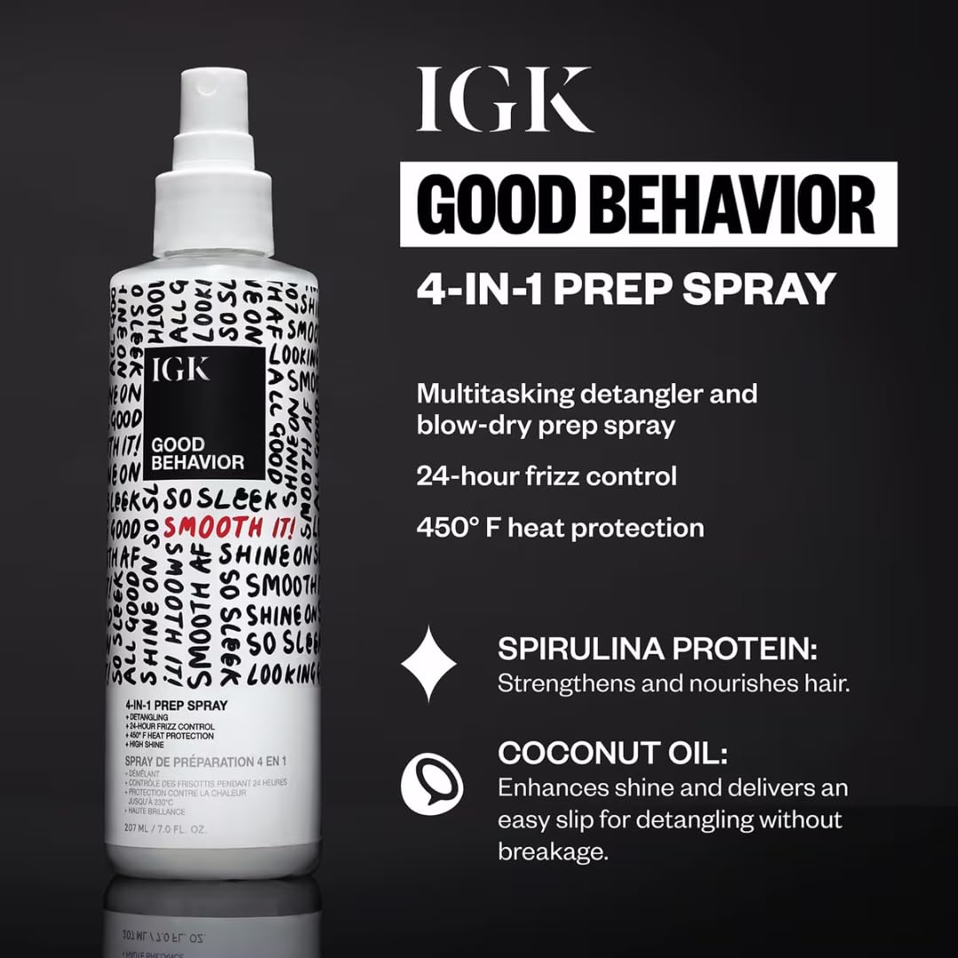IGK spray mist being applied to damp hair, demonstrates easy detangling