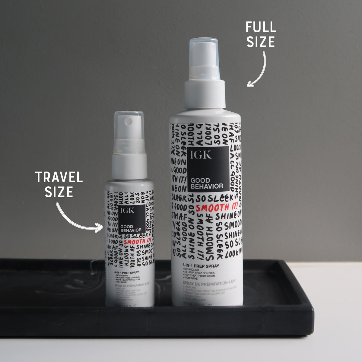 IGK travel bottle next to full size showing convenient kit for travel