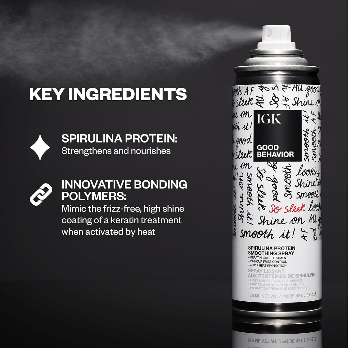 IGK label close-up highlighting spirulina protein and bonding polymer benefits