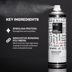 IGK label close-up highlighting spirulina protein and bonding polymer benefits