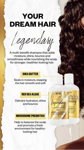 IGK Legendary Dream Hair Shampoo staged in bathroom for hydrated, salon-finish hair