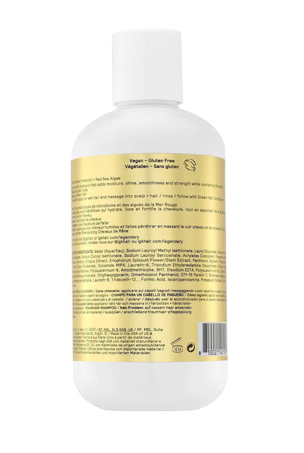 IGK Legendary Dream Hair Shampoo label close-up highlighting ingredients and brand