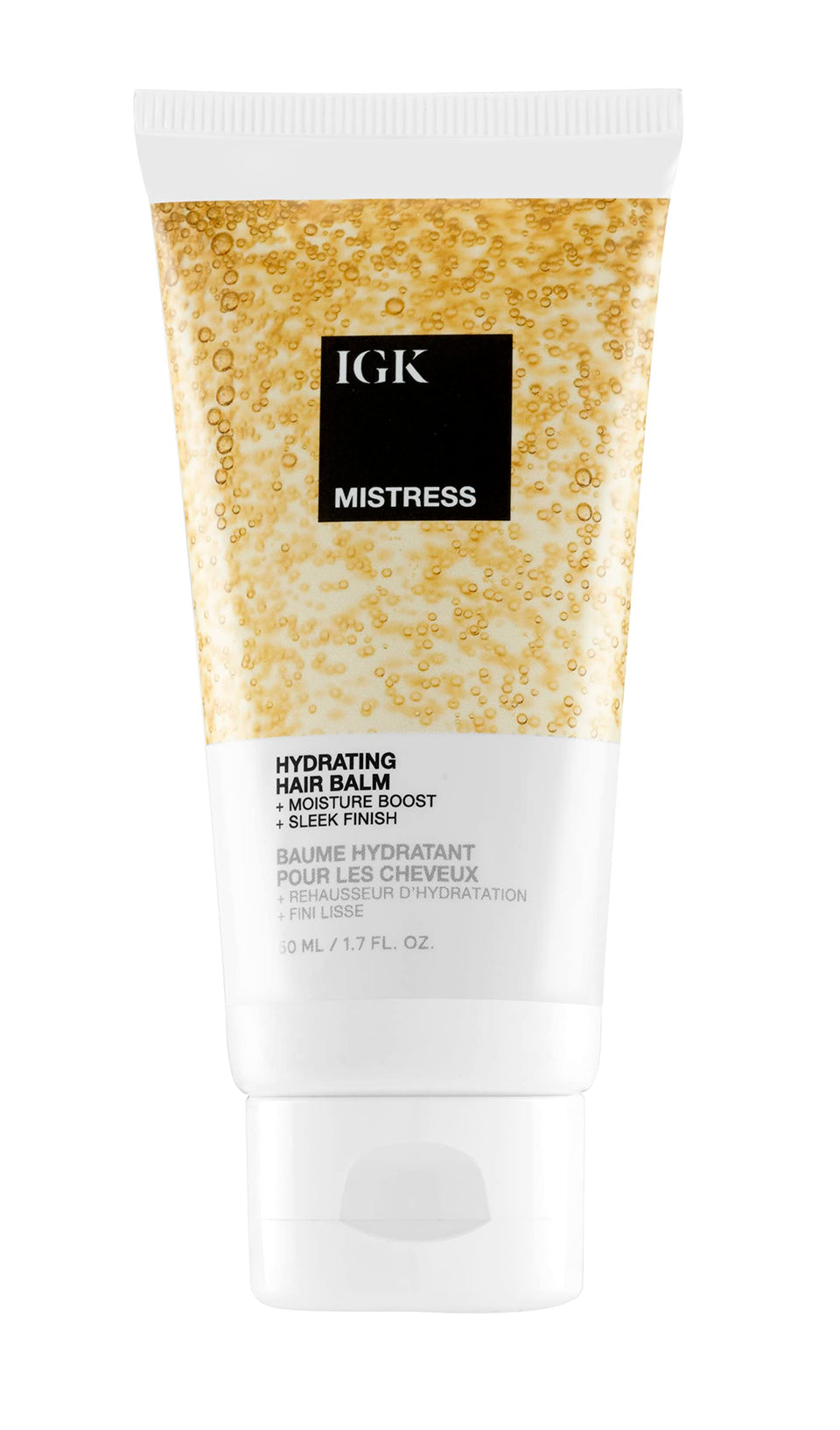 IGK MISTRESS front packaging showing travel tube and clear branding benefits