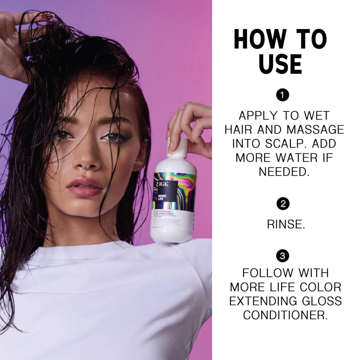 IGK more life hair after-use shine in lifestyle setting showing glossy results