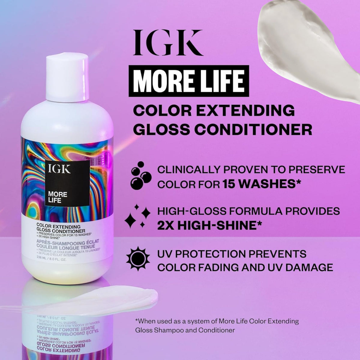 IGK more life conditioner creamy pour showing smoothing and shine benefit