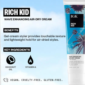 IGK RICH KID being applied to damp hair demonstrating frizz control and wave enhancement