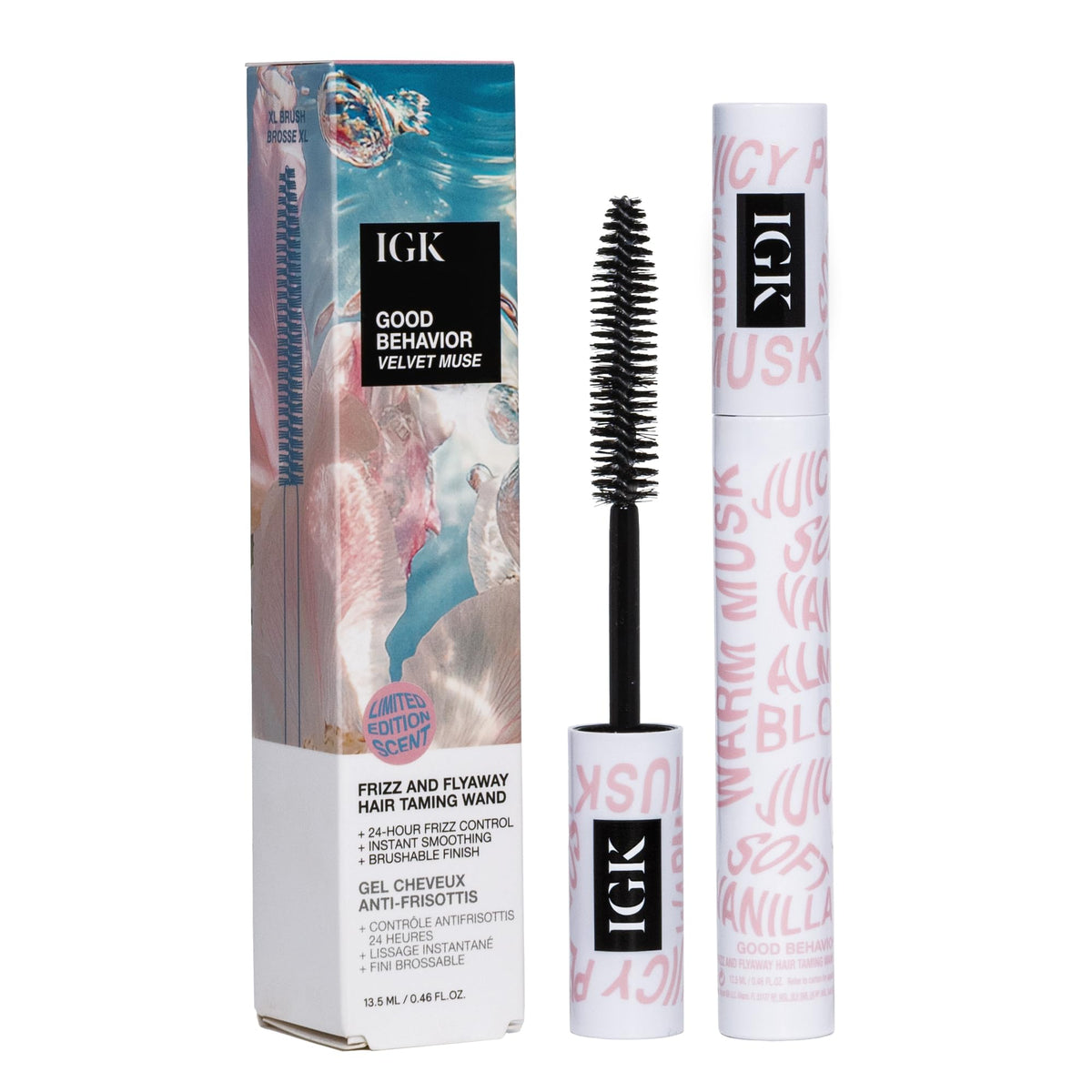 IGK front packaging showcasing compact taming wand and Velvet Muse scent benefit