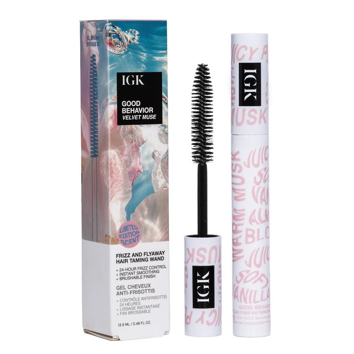 IGK front packaging showcasing compact taming wand and Velvet Muse scent benefit