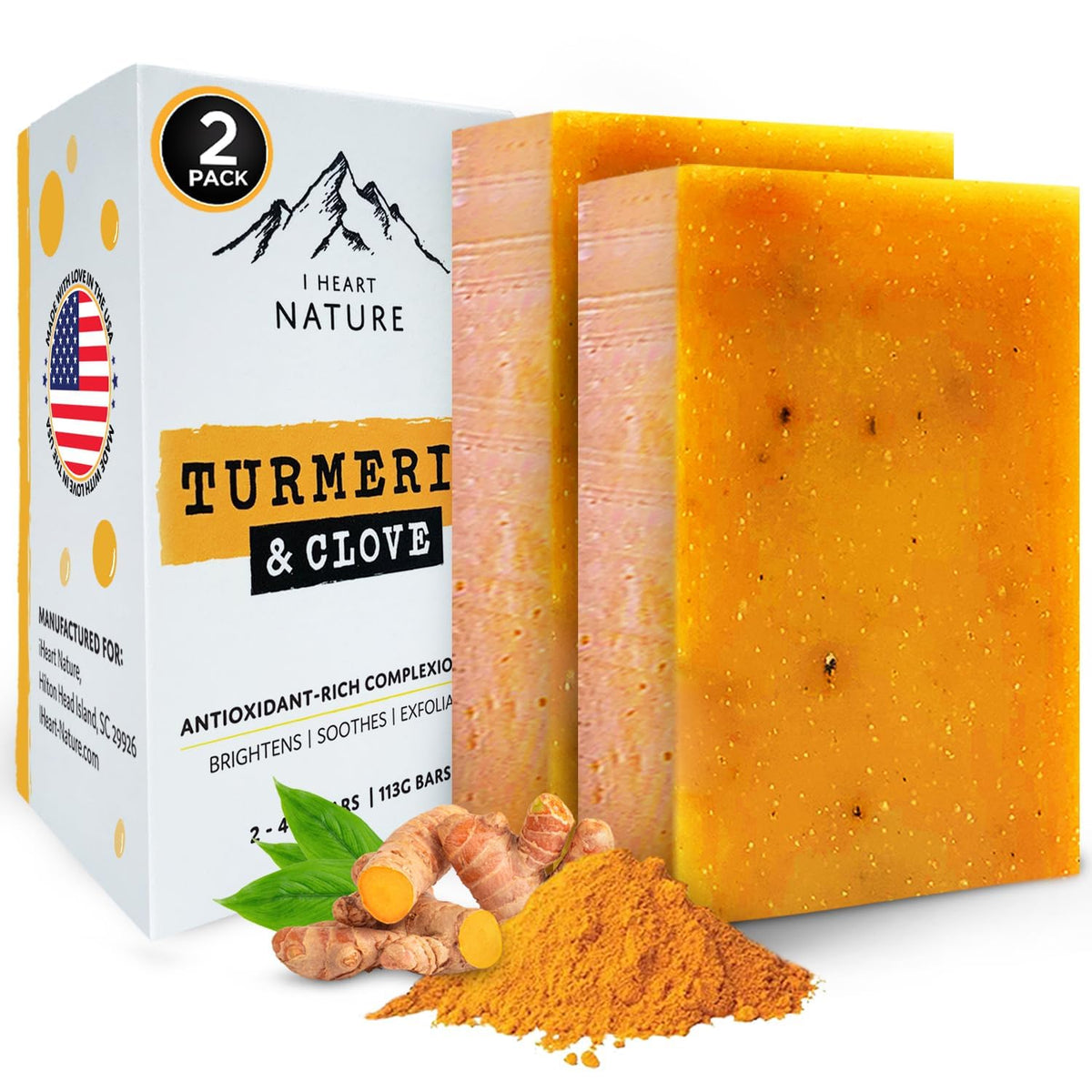 iHeart Nature front packaging of turmeric soap showing product and benefits