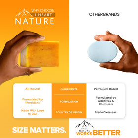 iHeart Nature soap being lathered in hands to show nourishing, non-drying foam