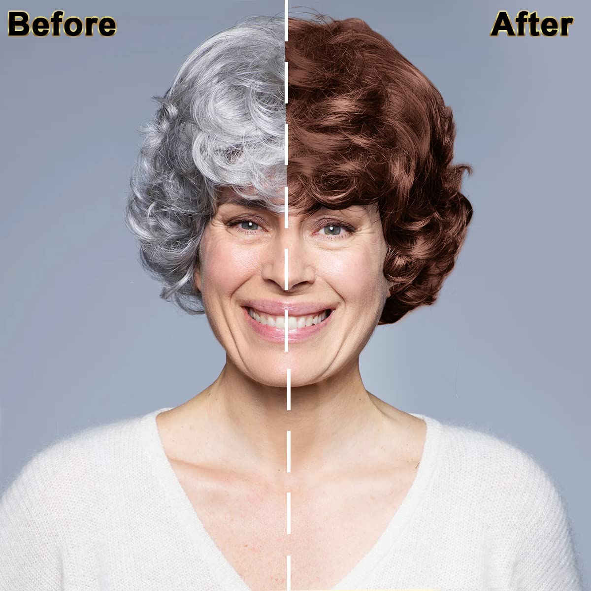IIIMEIDU before and after photos showing reduced gray and natural chestnut tone