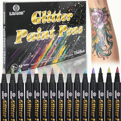 IJIANG front packaging showing 15 metallic glitter tattoo pens, easy selection benefit