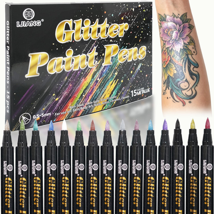 IJIANG front packaging showing 15 metallic glitter tattoo pens, easy selection benefit