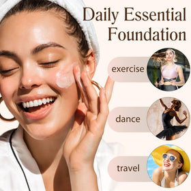 IKZEE foundation worn in daytime lifestyle scene showing sweat-resistant hold
