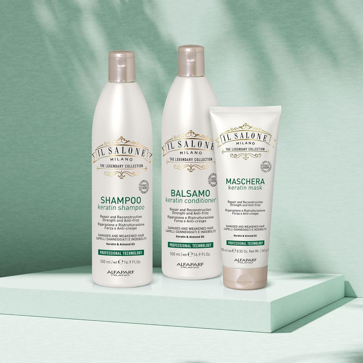 Il Salone Milano bottle staged on bathroom shelf conveying everyday salon-quality haircare