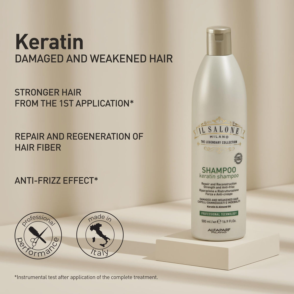 Il Salone Milano label and pump close-up highlighting ingredients and salon-quality benefits