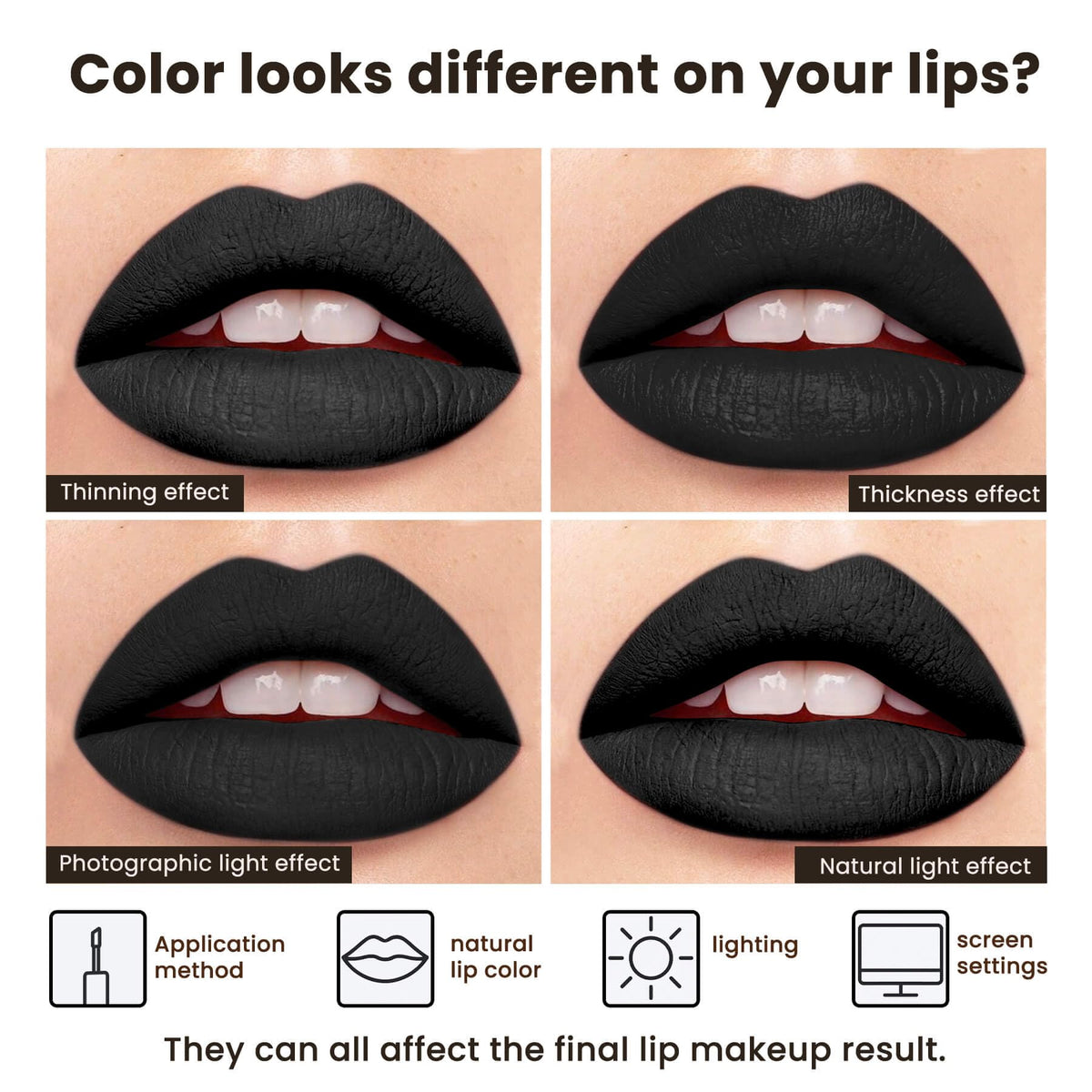 ilembane on model lips full-coverage matte black for dramatic look