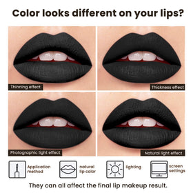 ilembane on model lips full-coverage matte black for dramatic look