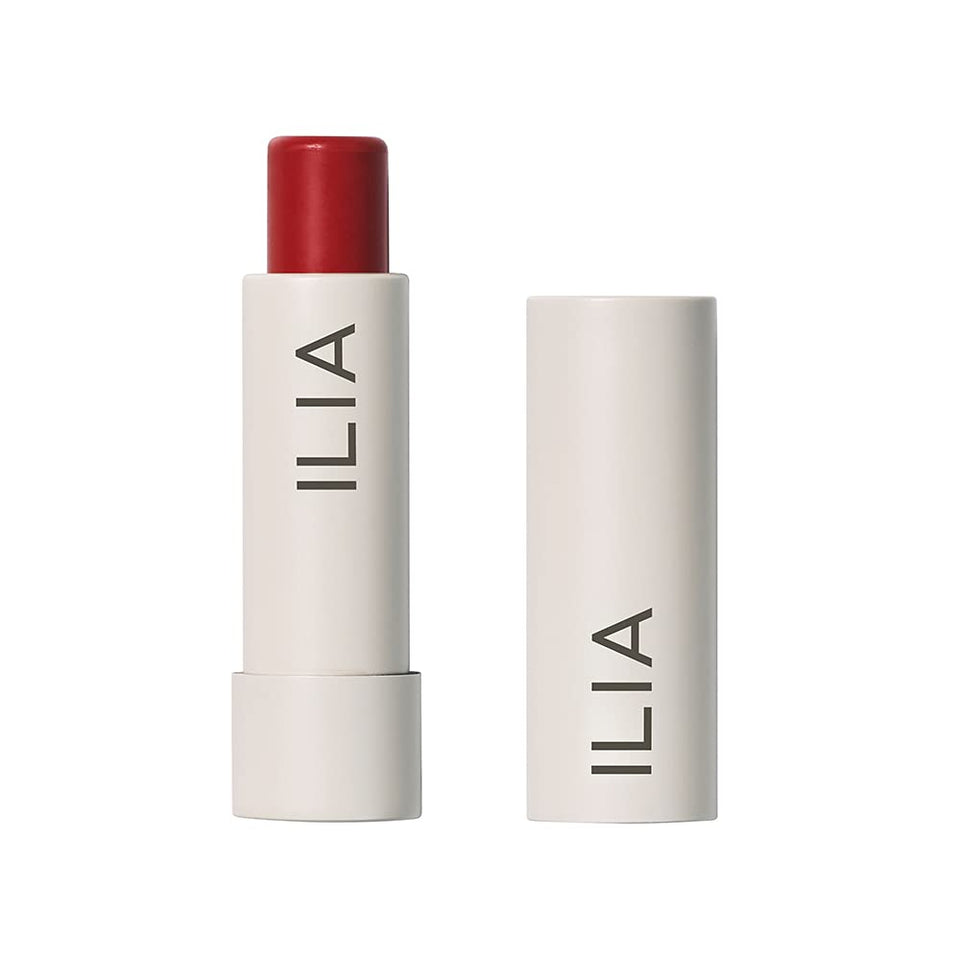 ILIA front packaging of Balmy Tint Heartbeats showing warm red shade and compact benefit