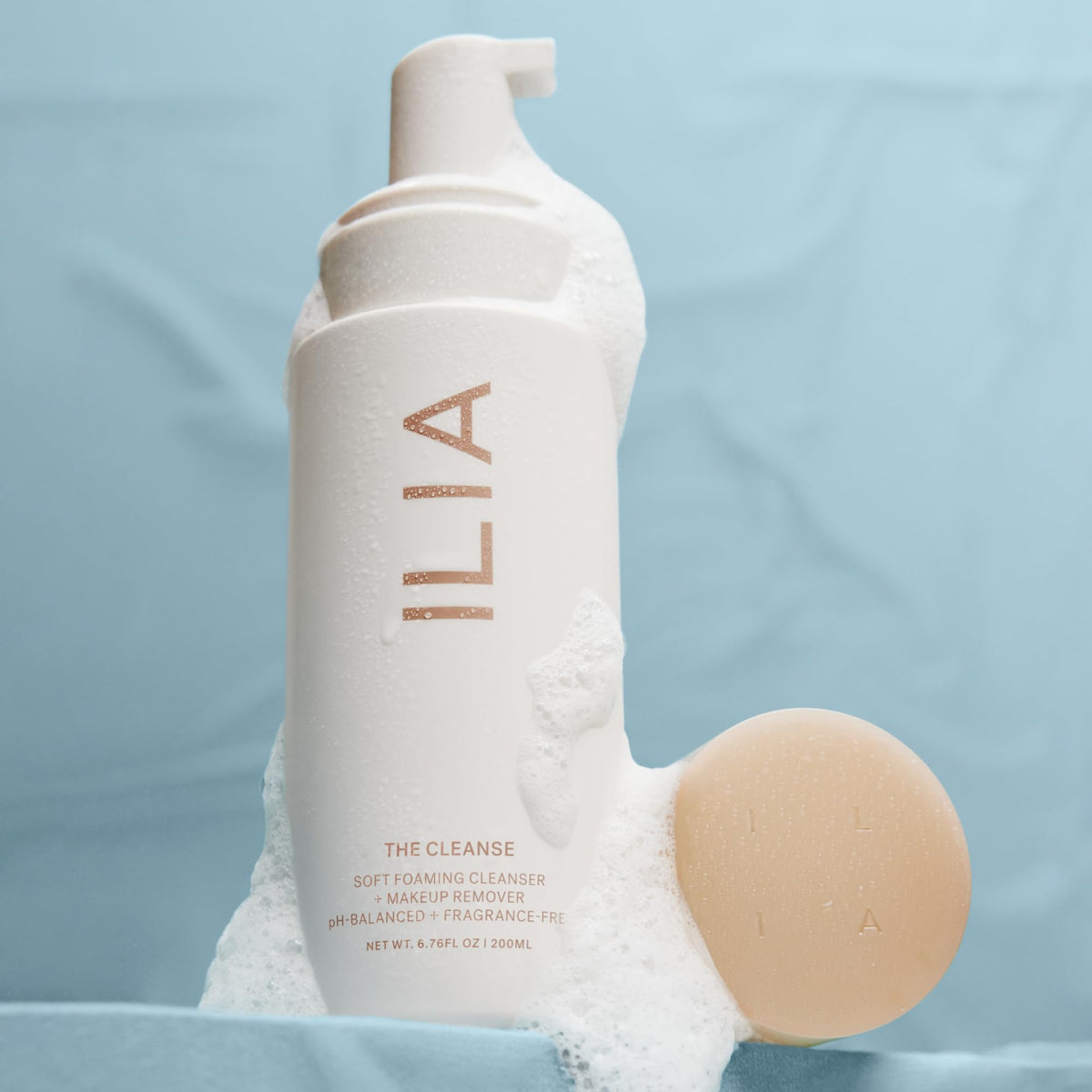 ILIA soft foam texture close-up illustrating rich lather that cleans without drying