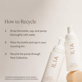 ILIA cleanser on bathroom shelf styled with towels indicating routine-ready skincare