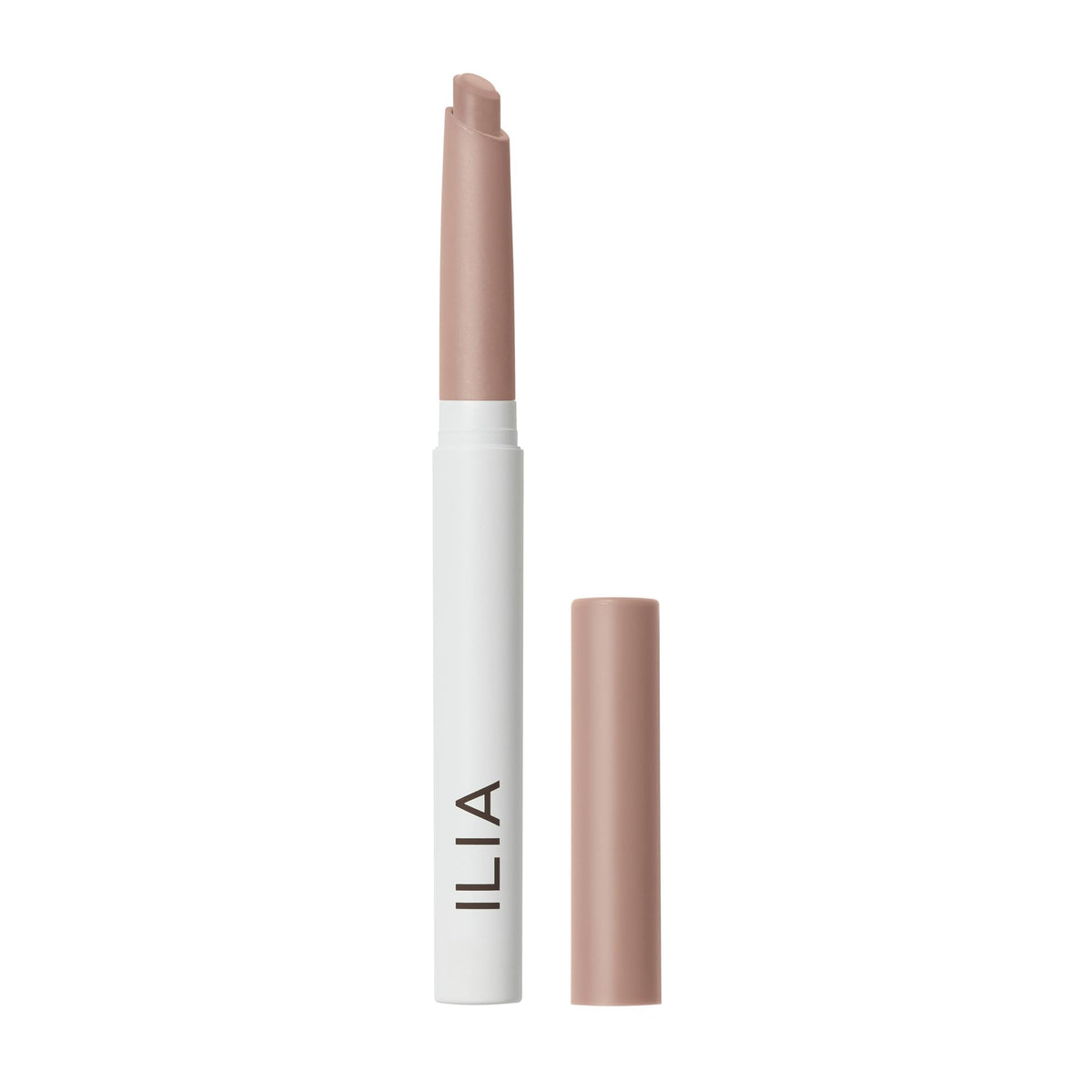 ILIA eye stylus front view showing sleek stick and taupe color for easy application