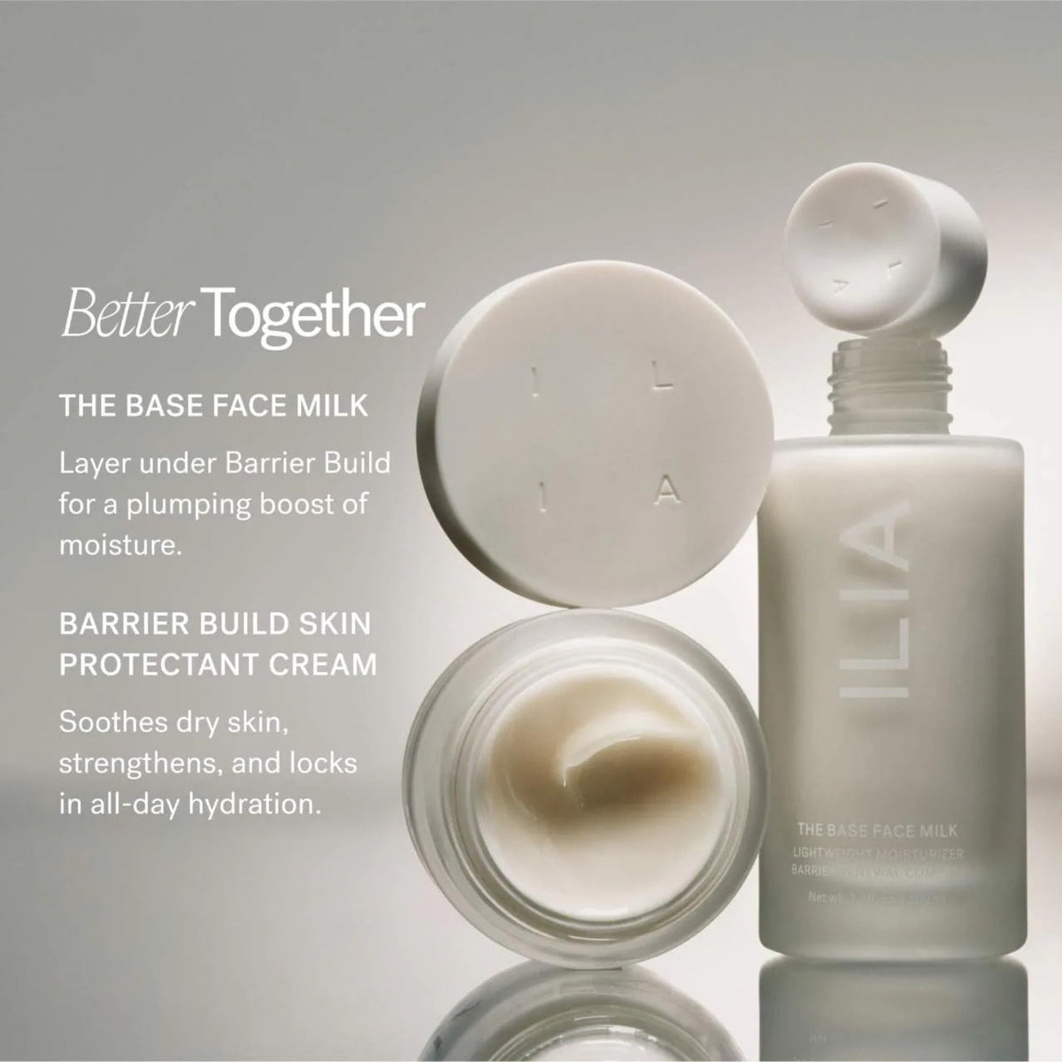 ILIA lifestyle bathroom vanity with jar styled among skincare, showing daily use