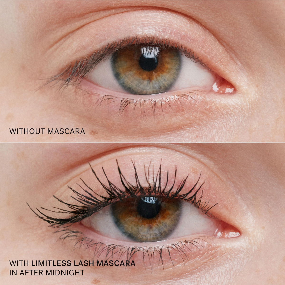 ILIA mascara on model showing lifted lashes and natural finish
