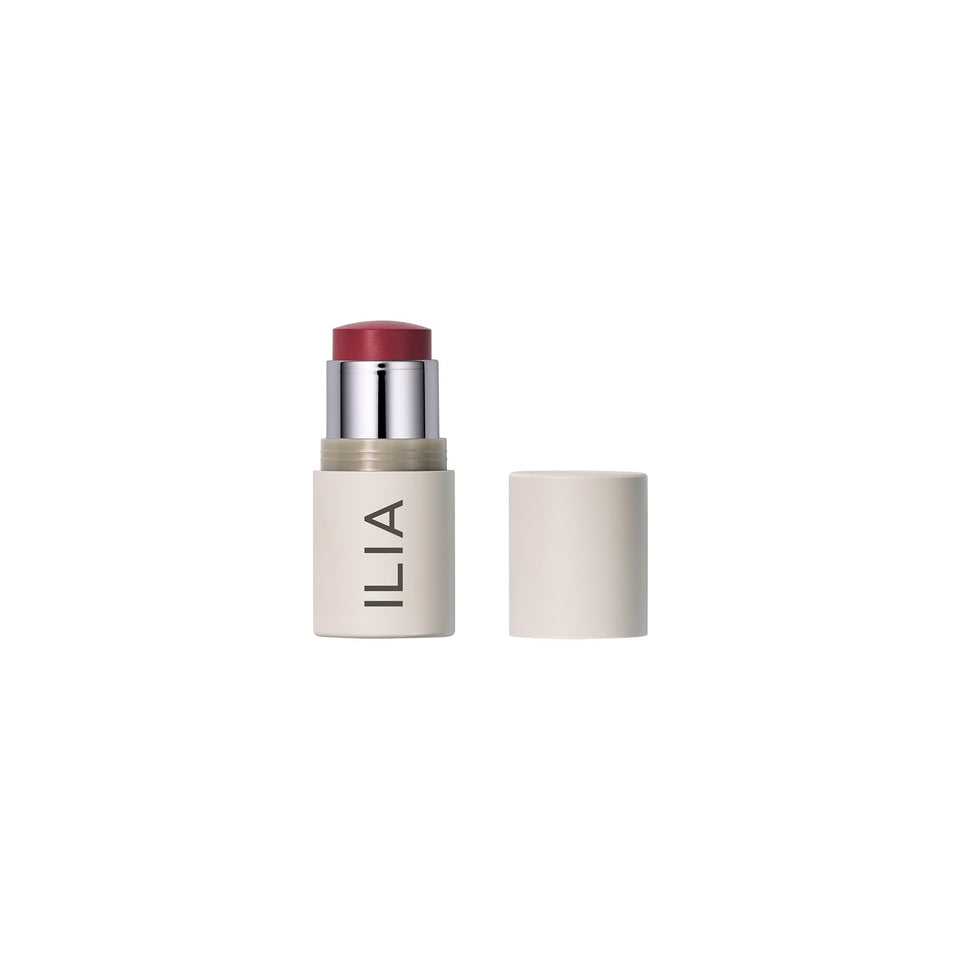 ILIA multi-stick front packaging showing compact berry shade and portability