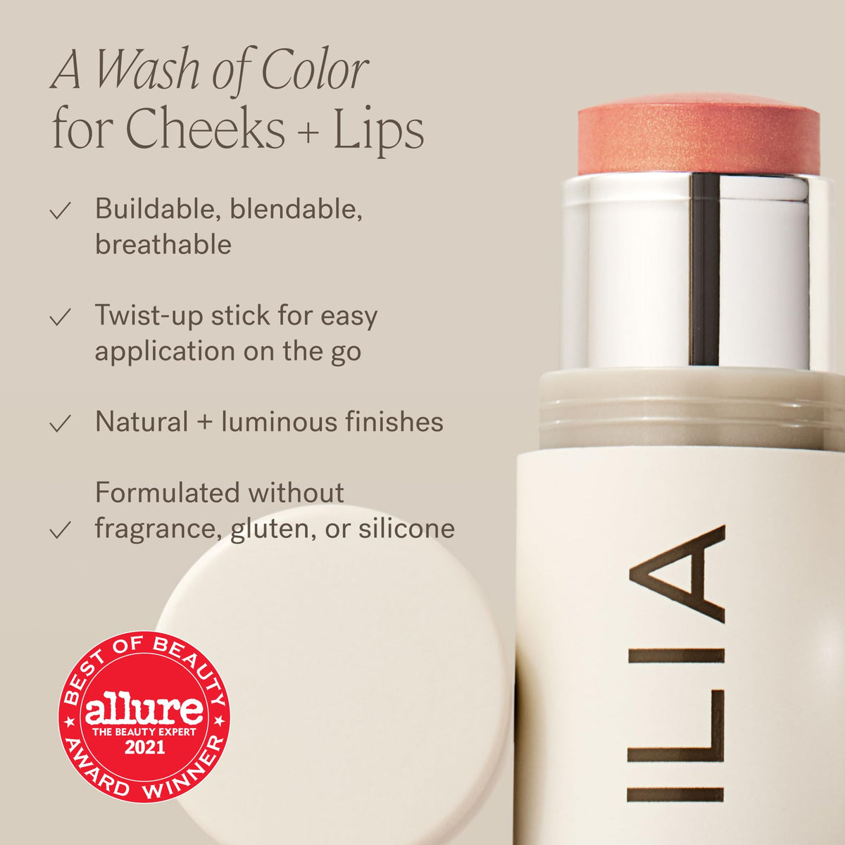 ILIA multi-stick size comparison next to lipstick for travel-friendly scale