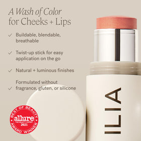 ILIA product label close-up highlighting clean ingredients and shade name