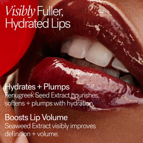 ILIA Overglaze worn on model lips showing rose‑pink shine and flattering effect benefit