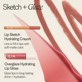 ILIA Overglaze next to a lipstick for size comparison and layering guidance benefit