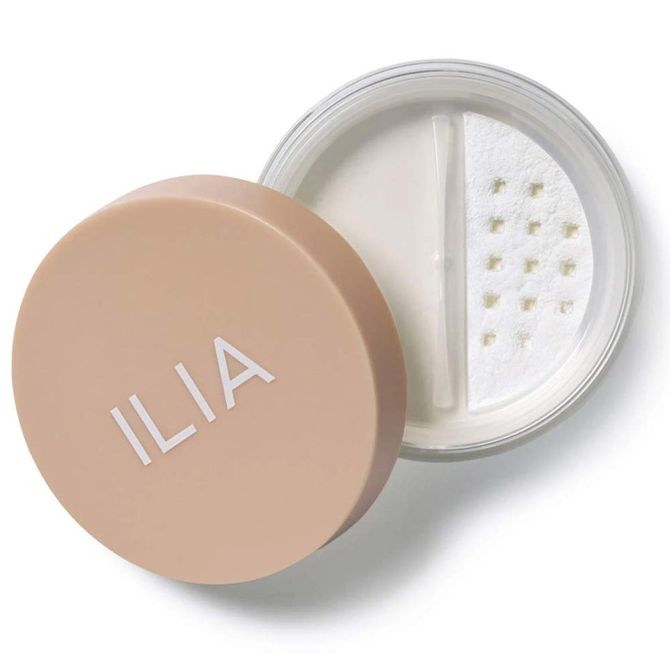 ILIA front packaging of Soft Focus Setting Powder showing compact jar and label, refined finish benefit