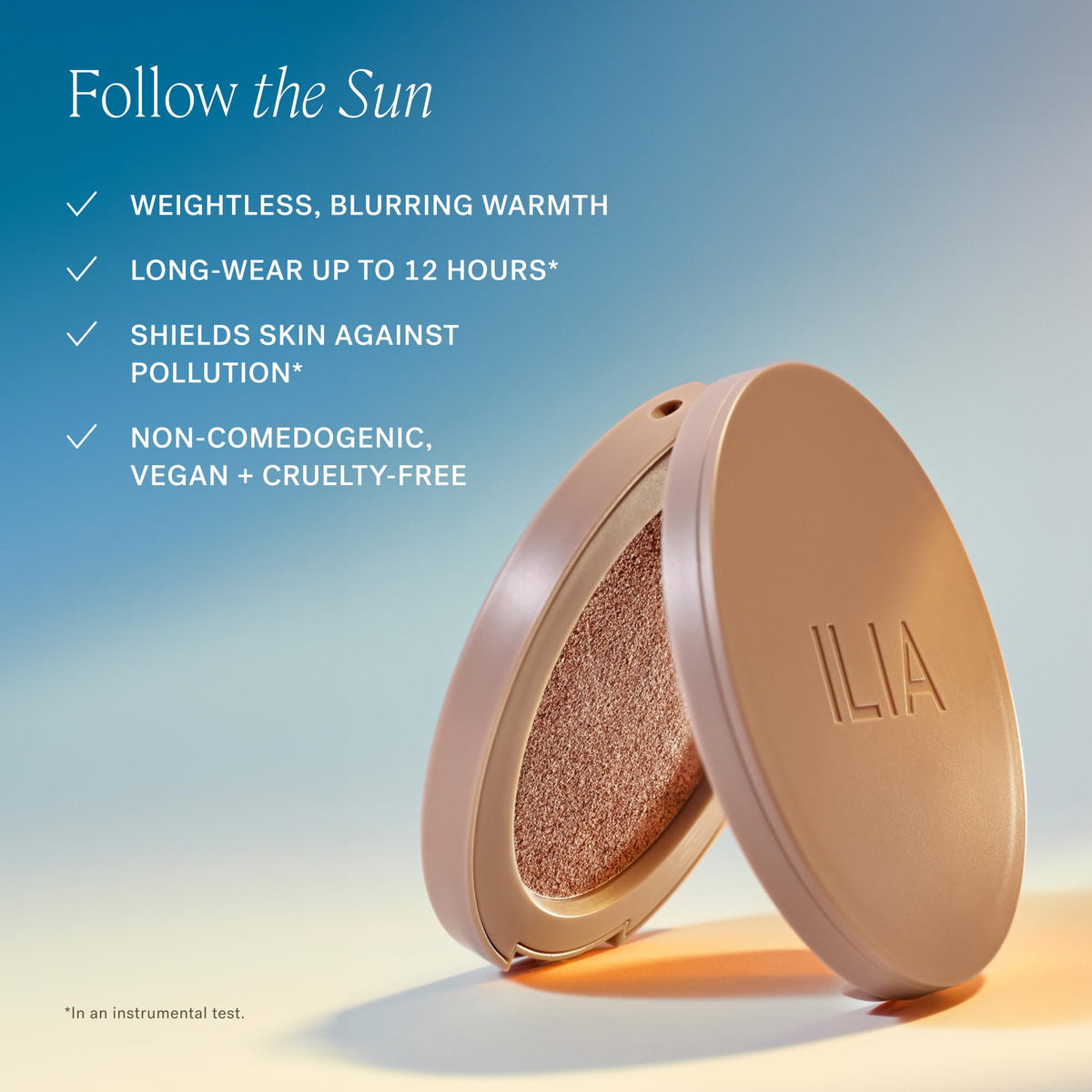 ILIA swatch on arm showing Eclipse peachy bronze shade and true-to-tone payoff