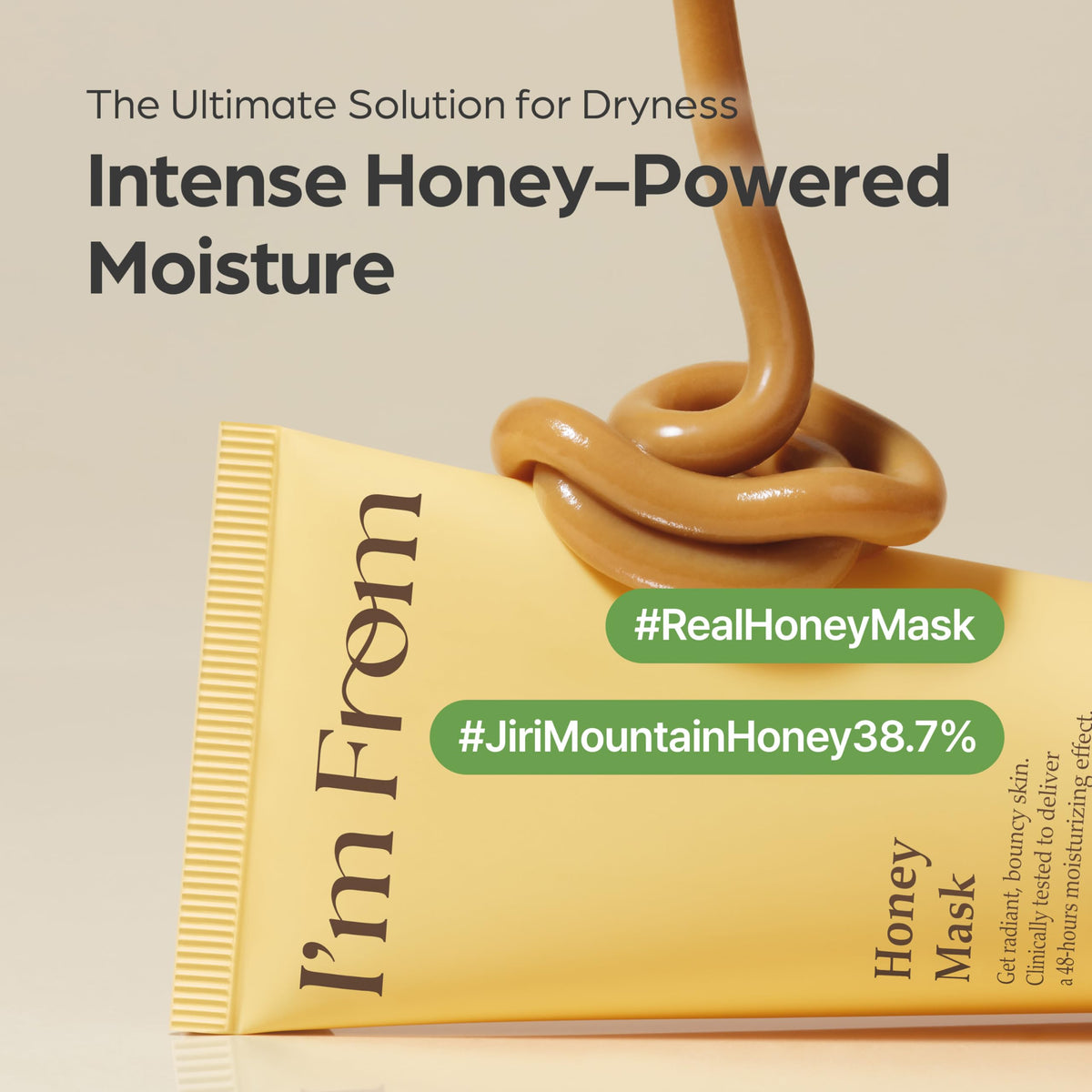 I'm from jar of raw honey ingredient beside mask illustrating natural sourcing benefit