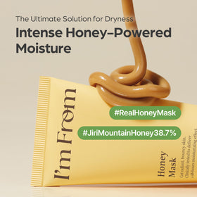 I'm from jar of raw honey ingredient beside mask illustrating natural sourcing benefit
