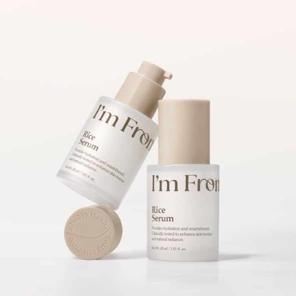 I'm From rice serum packaging glass bottle reflecting premium presentation and care