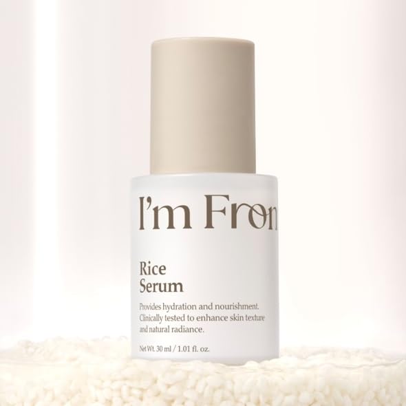 I'm From rice serum next to ruler indicating 1.01 fl oz size and travel-friendly