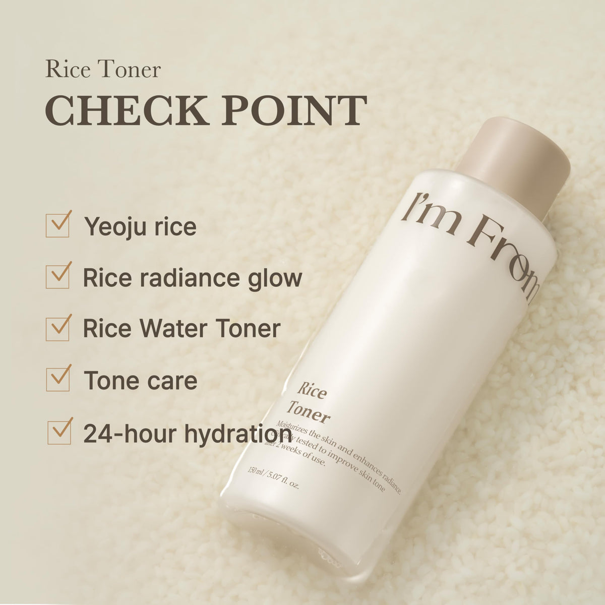 I'm from rice toner size scale next to ruler showing 5.07 fl.oz capacity benefit