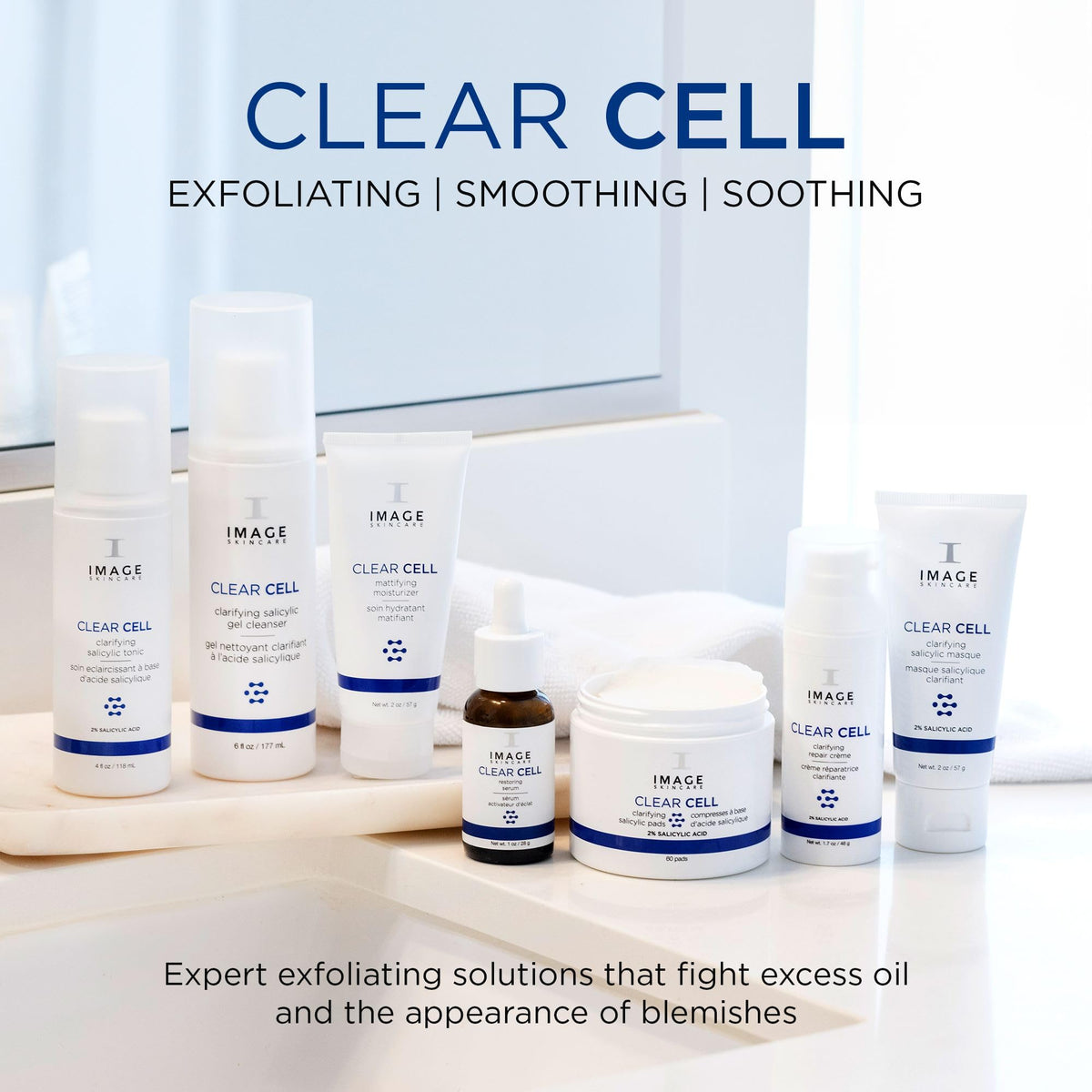 IMAGE Skincare CLEAR CELL in bathroom setting conveying daily routine benefit