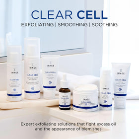 IMAGE Skincare bottle on bathroom shelf in lifestyle setting promoting routine use