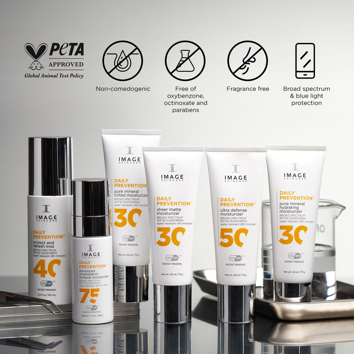 IMAGE Skincare flatlay with cleanser, serum, and tinted moisturizer routine