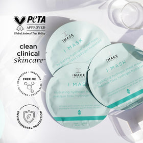Flatlay of IMAGE Skincare box and individual sheets displaying product size