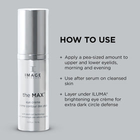IMAGE Skincare MAX Eye Crème retail packaging box emphasizing professional-grade formulation