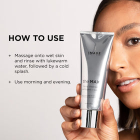 IMAGE Skincare MAX Facial Cleanser ingredients label highlighting peptide complex and clean formula benefits