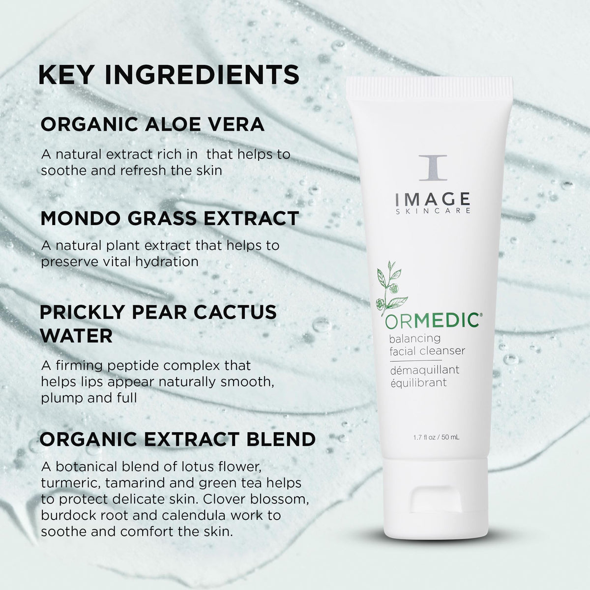 IMAGE Skincare ORMEDIC ingredient label close-up highlighting botanical aloe and clean formulation