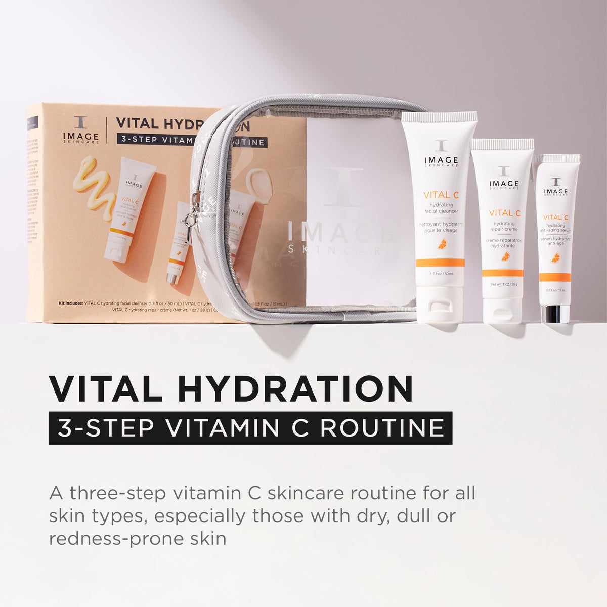 IMAGE Skincare clear pouch containing Vital C set for easy travel and visibility