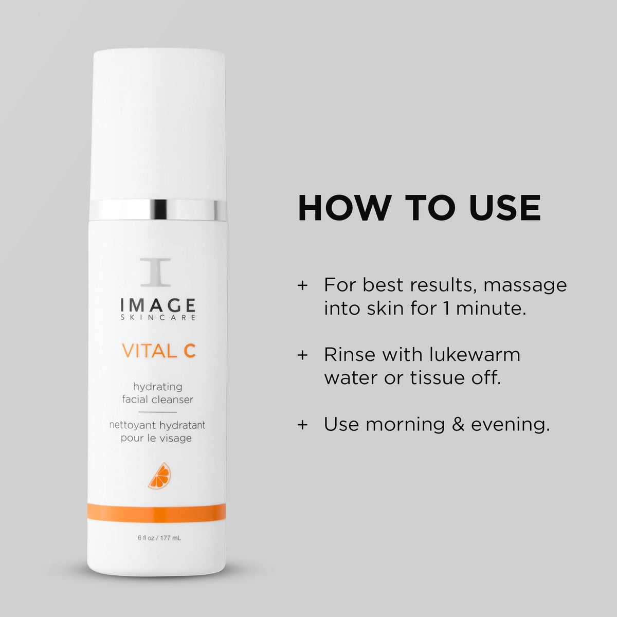 IMAGE Skincare bottle in hand for size comparison, 6 fl oz scale and portability benefit