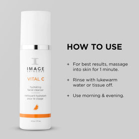 IMAGE Skincare bottle in hand for size comparison, 6 fl oz scale and portability benefit